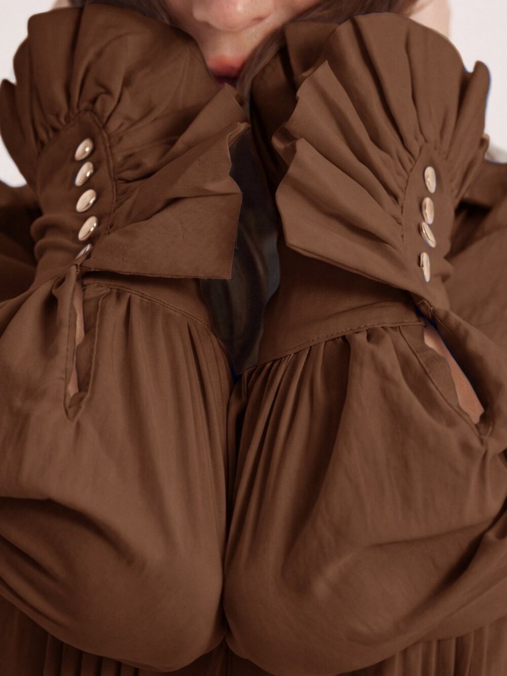 Brown Casual Women's Pleated Lapel Button Decor Long Sleeve Shirt